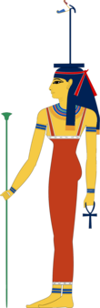 Image of Wosret with a staff and a was-scepter on her head.