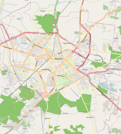 Mapa konturowa Białegostoku, w centrum znajduje się punkt z opisem „Uniwersytet w Białymstoku”