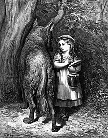 « En passant dans un bois elle rencontra compère le Loup. »