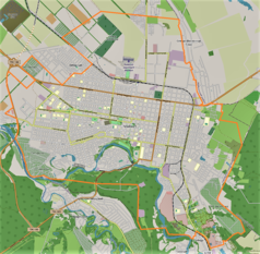 Mapa konturowa Majkopu, u góry znajduje się punkt z opisem „Port lotniczy Majkop”