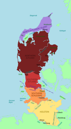 Jylland különböző értelmezései: piros – szűk értelmezés; rózsaszín – Nørrejyske Ø; narancs – német terület az Eidertől északra; sárga – a legtágabb értelmezés szerint beleértve