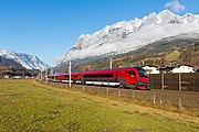 37. KW Der ÖBB Railjet 596 auf der Salzburg-Tiroler-Bahn bei Pfarrwerfen (Dezember 2016).