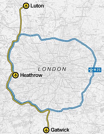 map showing approximate route of a proposed Luton-Heathrow-Gatwick railway (in yellow). It will run next to the M25 for much of the route.