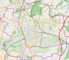 Mapa konturowa Łodzi, na dole nieco na prawo znajduje się punkt z opisem „Wiskitno”