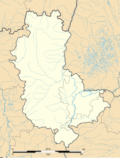 Mapa konturowa Rodanu, blisko dolnej krawiędzi nieco na prawo znajduje się punkt z opisem „Ampuis”