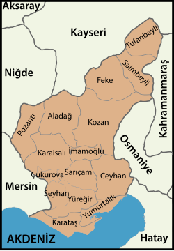 Mapa dos distritos da província de Adana