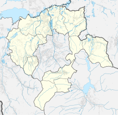 Mapa konturowa powiatu bielskiego, na dole nieco na lewo znajduje się punkt z opisem „Skocznia narciarska im. Zdzisława Hryniewieckiego”