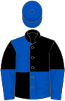 Royal blue and black (quartered), halved sleeves, royal blue cap