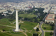 Aerial view of the Lincoln Memorial, reflecting pool, and Washington Monument