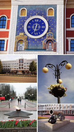 Top: Wall clock display in the Yoshkar-Ola National Art Gallery. Middle left: Yoshkar-Ola City Hall. Middle right: Flower-style lantern in Obolensky-Nogotkov Square. Bottom left: Monument to Obolensky-Nogotkov. Bottom right: Monument to Tsar Cannon in the National Art Gallery.