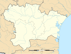 Mapa konturowa Aude, po prawej nieco u góry znajduje się punkt z opisem „Moussan”