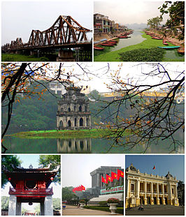 Van boven naar beneden en van links naar rechts: de Long Biênbrug, de oevers van de Rode Rivier, het Hoan Kiemmeer met de Tortoisetoren, de Confuciustempel Văn Miếu, het Mausoleum van Ho Chi Minh en de Opera van Hanoi