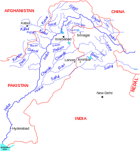 Kaart van die Sutlej-bekken in Asië