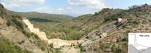 Les ruines du barrage de Malpasset vues de l'aval. Coupe du dièdre de failles défaillant ; des morceaux de l'extrémité du barrage et du massif de blocage sont restés en place ; quelques blocs de béton sont tombés dans le dièdre.