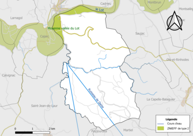 Carte de la ZNIEFF de type 2 de la commune.