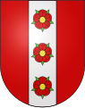 Escudo de la comuna suiza de Morens, con campo y tres rosas de gules, estas sobre un palo de plata.