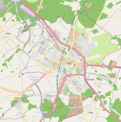 Mapa konturowa Lubina, w centrum znajduje się punkt z opisem „Baszta Głogowska w Lubinie”