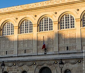 Neoclassical Doric pilasters with arches on the entrance front façade of the Sainte-Geneviève Library, Paris, designed by Henri Labrouste in 1838–1839, built in 1834–1850[26]