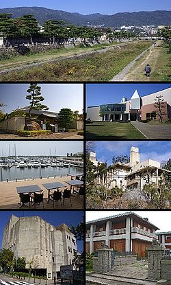 Clockwise from top, Ashiya River, Ashiya Municipal Museum Art, Yodoko Guest House, Emba Museum of Modern Art, Ashiya Citizen Center, Bell Port Ashiya, Jyunichiro Tanizaki Memorial Hall