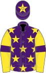 Purple, yellow stars, yellow sleeves, purple armlets, purple cap, yellow star