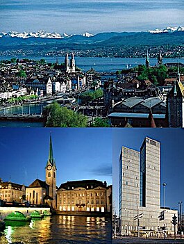 Atas: Pemandangan dari Zürich dan Danau Zurich, Tengah kiri: Gereja Fraumünster di Danau Zurich pada malam hari, Tengah kanan: The Sunrise Tower, Bawah:Pemandangan malam hari Zürich dari Üetliberg.