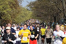 A large crowd of runners in brightly colored shirts race down a wide street bordered by autumnal trees.