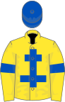 Yellow, royal blue cross of lorraine, armlets and cap