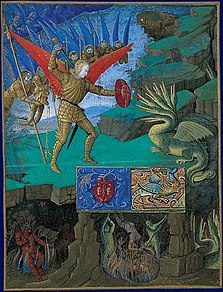 Représentation de saint Michel terrassant le dragon. Jean Fouquet, Livre d'heures d'Étienne Chevalier.