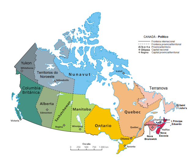 Mapa interactivo do Canadá amosando as súas dez provincias e tres territorios, e as súas capitais.