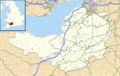 Mapa konturowa Somersetu, po prawej nieco u góry znajduje się punkt z opisem „Opactwo Downside”