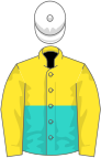 Yellow and turquoise (halved horizontally), yellow sleeves, white cap