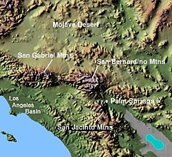 ビクター・バレー周辺の地形図、中央のサンバーナーディーノ山脈の北がビクター・バレー