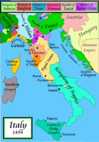 Italy in 1494, before the invasion of Italy by Charles VIII of France. that year.