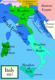 This is a map of Italy during the last years of the Napoleonic era. Vsepovsod je a prevod po Slovensko.