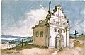 Taras Sjevtsjenko. Illinska kerk, gebouwd in 1683 in opdracht van en ter herinnering aan Bohdan Chmelnytsky. Subotiv (Oekraïens: Суботів, Tsjihirinski district in de Cherkasy provincie) is de geboorteplaats aan Bogdan Khmelnitsky en ligt in deze kerk begraven. Waterverf op papier, 1845.