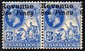 Barbados, 1916: Stamps overprinted for revenue usage with missing tail to y of 'Penny'