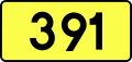 English: Sign of DW 391 with oficial font Drogowskaz and adequate dimensions.