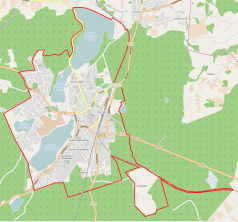 Mapa konturowa Kartuz, u góry nieco na lewo znajduje się owalna plamka nieco zaostrzona i wystająca na lewo w swoim dolnym rogu z opisem „Jezioro Klasztorne Duże”