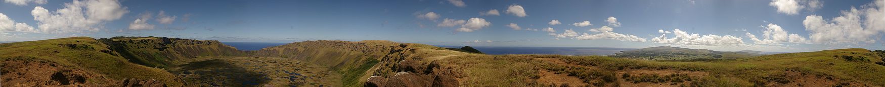 Volcán Rano Kau allugáu nel estremu suroeste d'islla de Pascua.