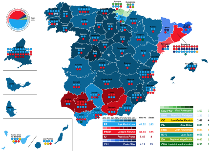 Map of Spain showcasing seat distribution by Congress of Deputies constituency