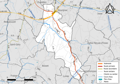 Carte en couleur présentant le réseau hydrographique de la commune