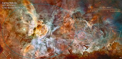 A 50 light-year wide nebula containing star clusters, dust pillars, Herbig-Haro object stellar jets, bright rimmed globules and the Keyhole Nebula