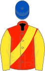 Scarlet, yellow sash and sleeves, royal blue cap