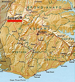 Detailed map showcasing the location of Sunyani in Bono, Ghana (1995)