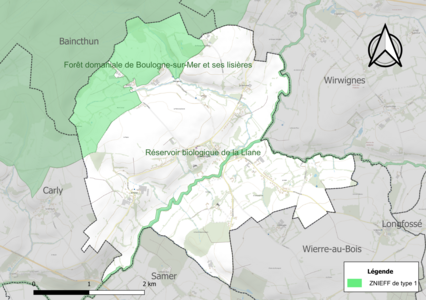 Carte des ZNIEFF de type 1 sur la commune.