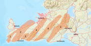 Map of volcanic systems on the Reykjanes Peninsula. The Reykjanes system is marked here as number 1