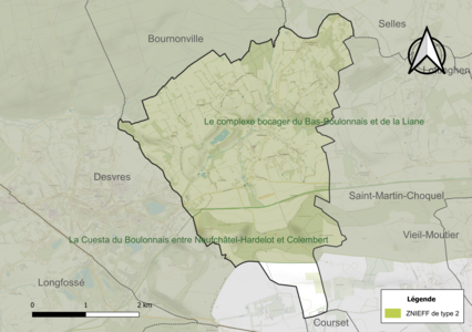 Carte des ZNIEFF de type 2 sur la commune.