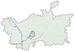 Mapa konturowa Zawiercia, na dole nieco na lewo znajduje się punkt z opisem „Kościół Najświętszej Maryi Panny Królowej Polski w Zawierciu”