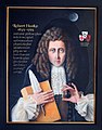 A memorial portrait of Robert Hooke for Gresham College, London, where Hooke was Professor of Geometry. It lists his varied achievements and shows him with his record book of experiments for The Royal Society, a spring and quill pen, dressed as a gentleman. The painting hangs at Gresham College. Oil on board. Rita Greer 2007.