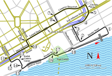 Map view of downtown Detroit with the race course lined out in black.